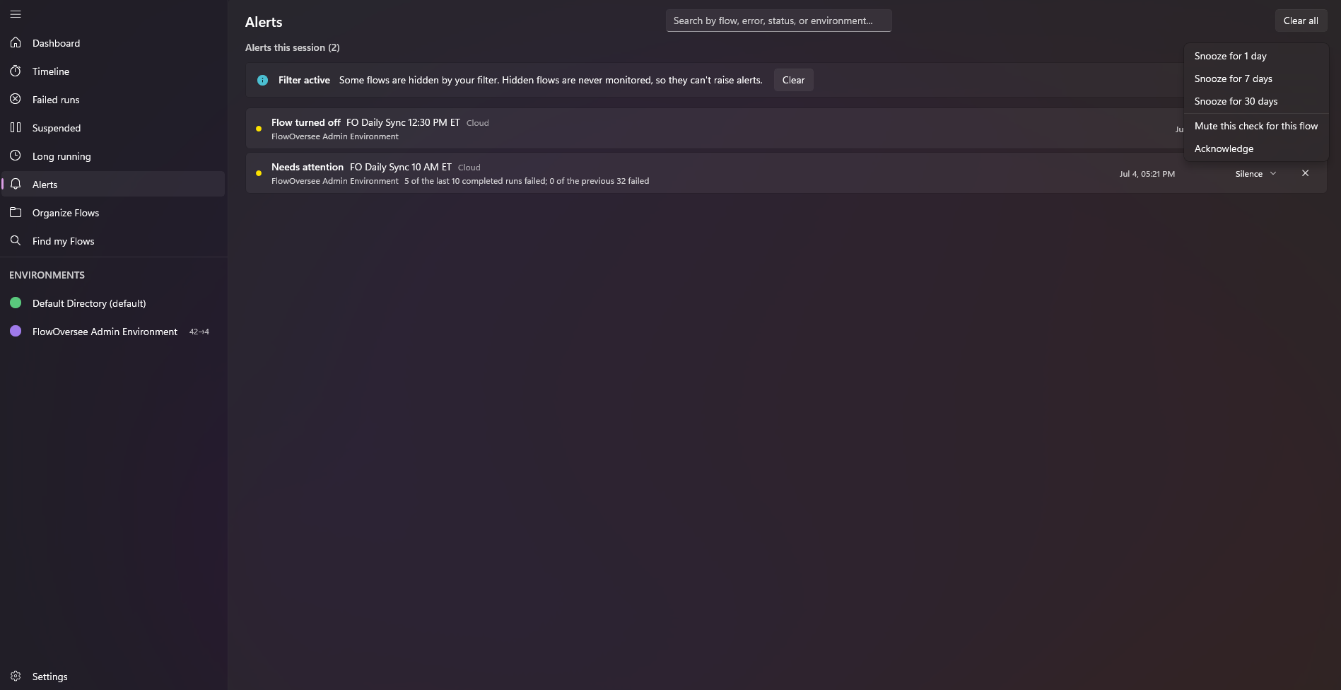 FlowOversee Alerts page listing flagged failures, suspensions, and anomalies with a sidebar badge