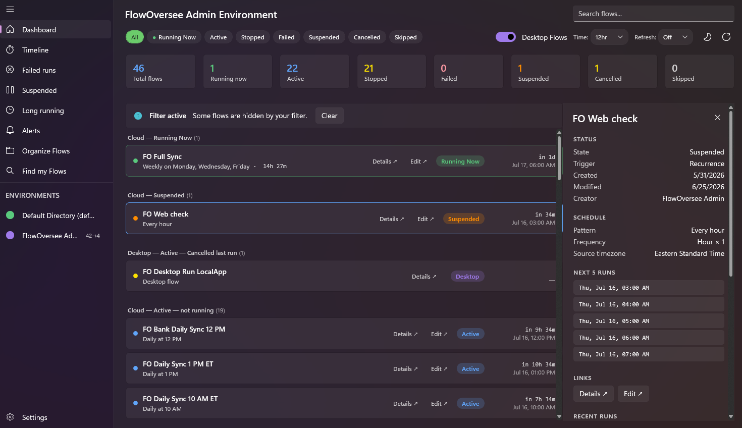 FlowOversee details panel showing a flow's run history, schedule, and error details