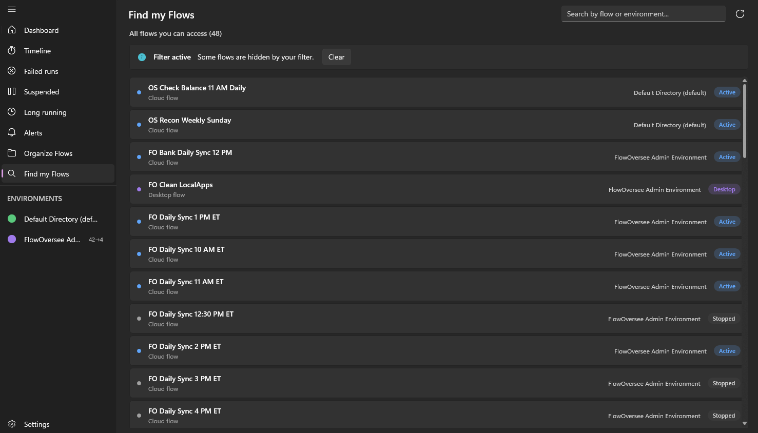 FlowOversee Find my Flows page listing every Power Automate flow across all environments in one searchable list
