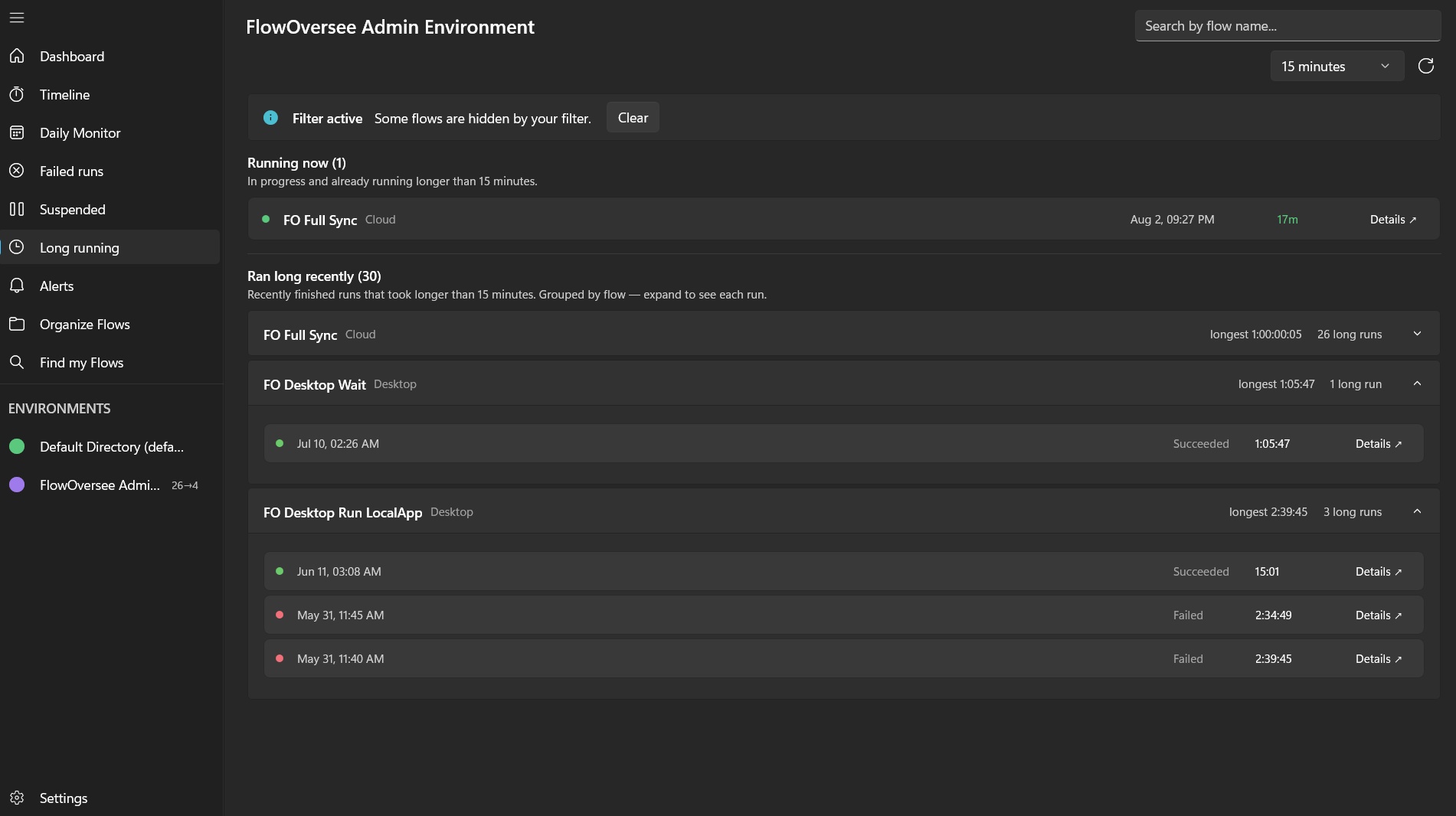 FlowOversee Long running page listing Power Automate runs currently past the chosen threshold, with a grouped history of runs that finished long