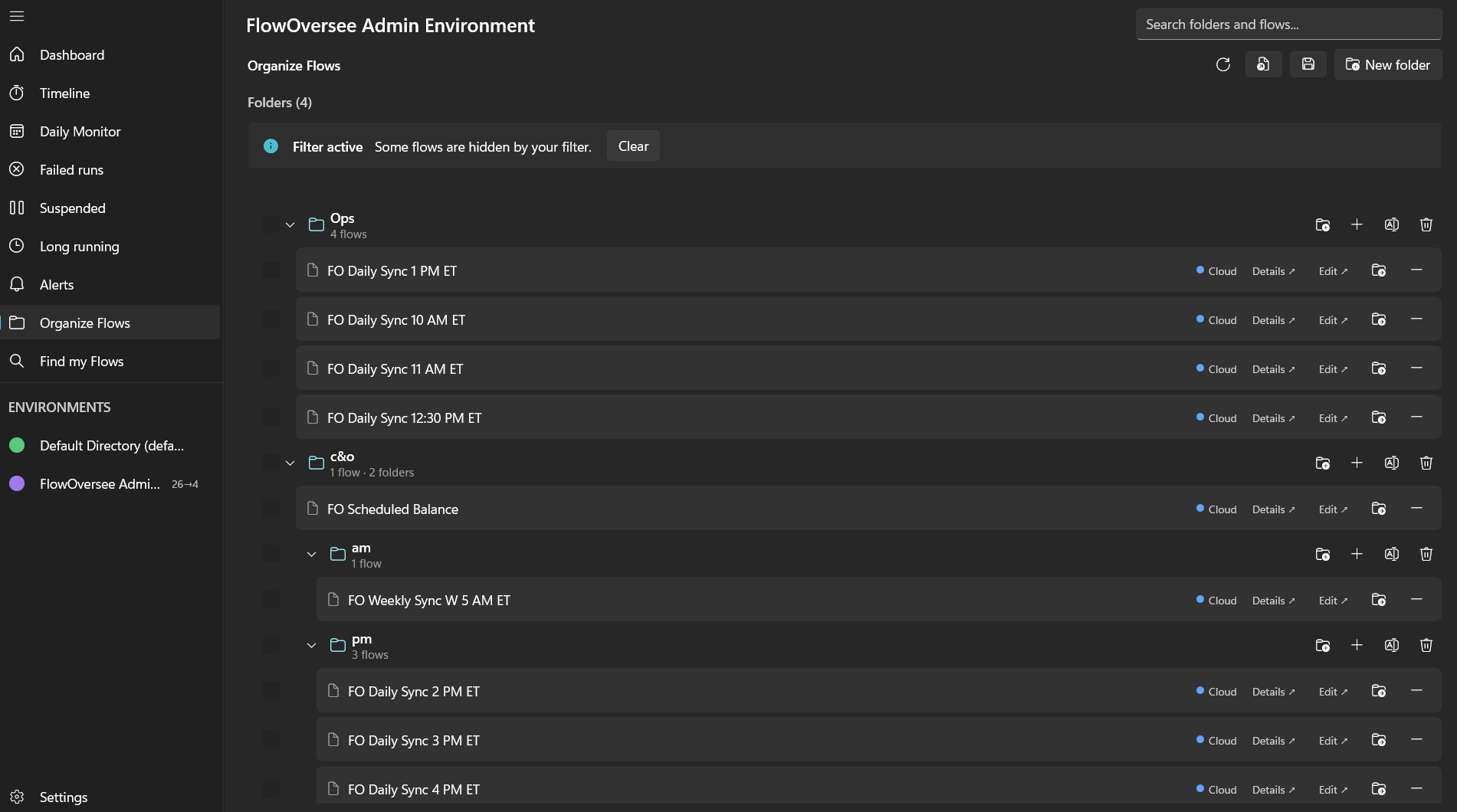 FlowOversee Organize Flows page showing Power Automate cloud flows arranged in nested local folders with search and per-folder actions