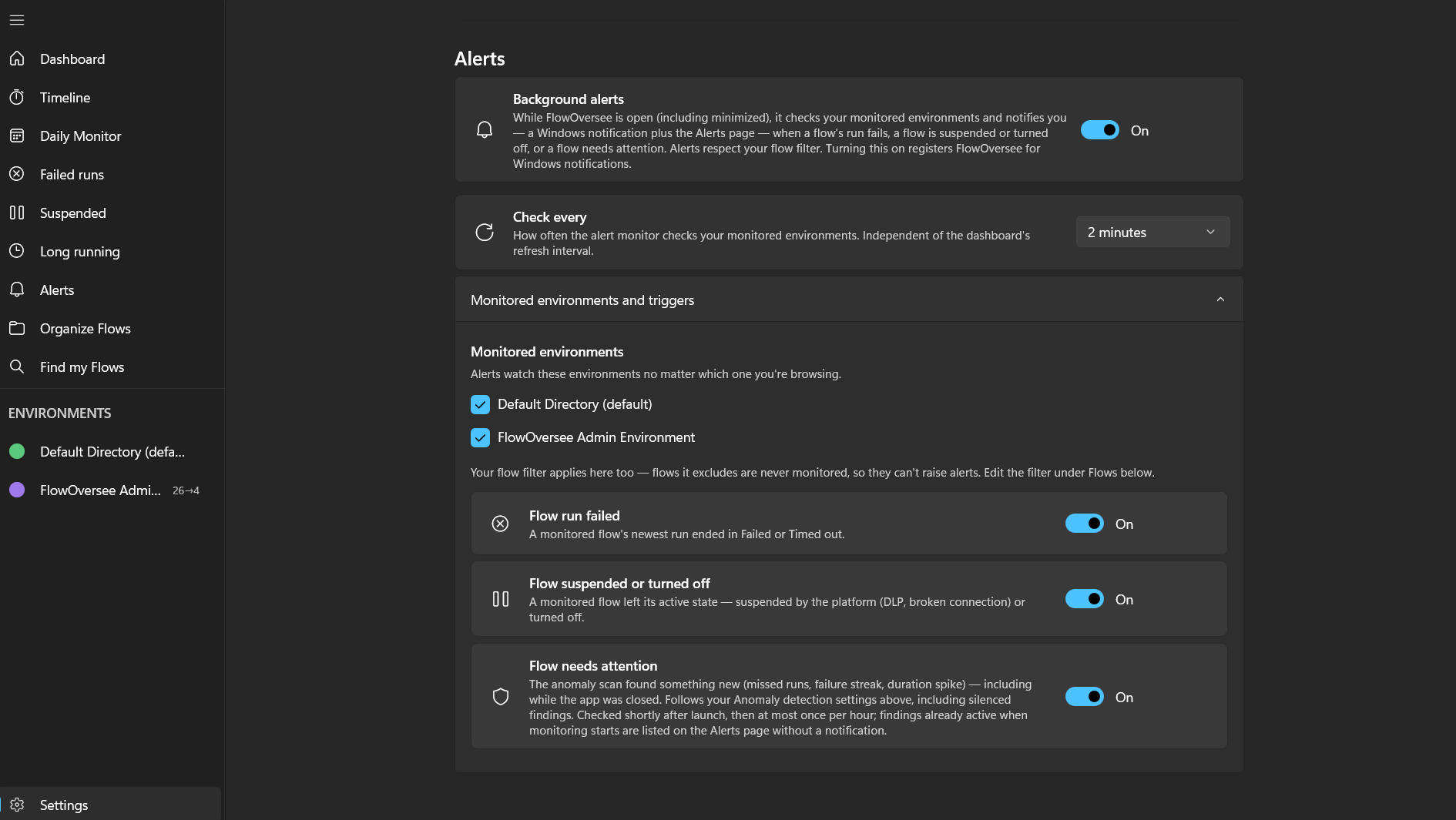 FlowOversee alert settings showing monitored environments, triggers, and check interval
